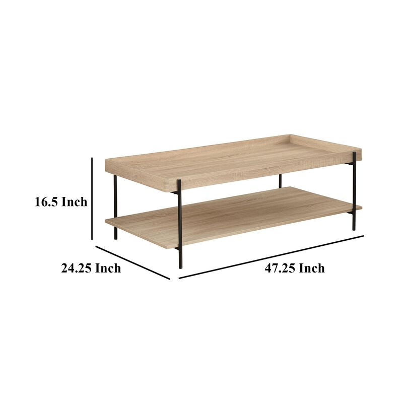 Allen Coffee Table, Tray Top, Shelf 47 Inch Brown Wood, Black Metal - Benzara
