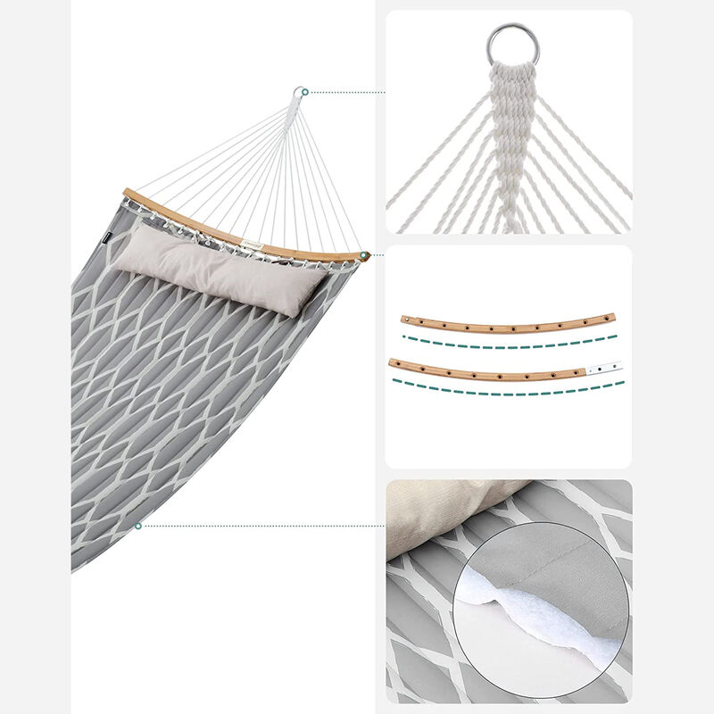 Comfortable Quilted Hammock with Curved Bamboo Spreaders & Pillow - Portable Design