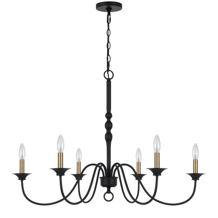 Rino 36 Inch Chandelier, Brass Candelabra Sleeve Accents, Black Metal - Benzara
