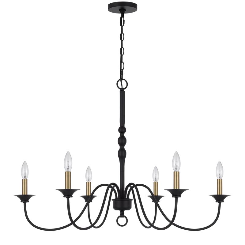Rino 36 Inch Chandelier, Brass Candelabra Sleeve Accents, Black Metal - Benzara