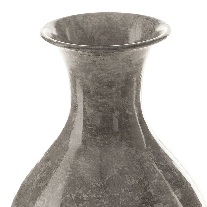 Rock 12 Inch Flower Vase, Decorative Thin Neck, High Gloss Gray Finish - Benzara