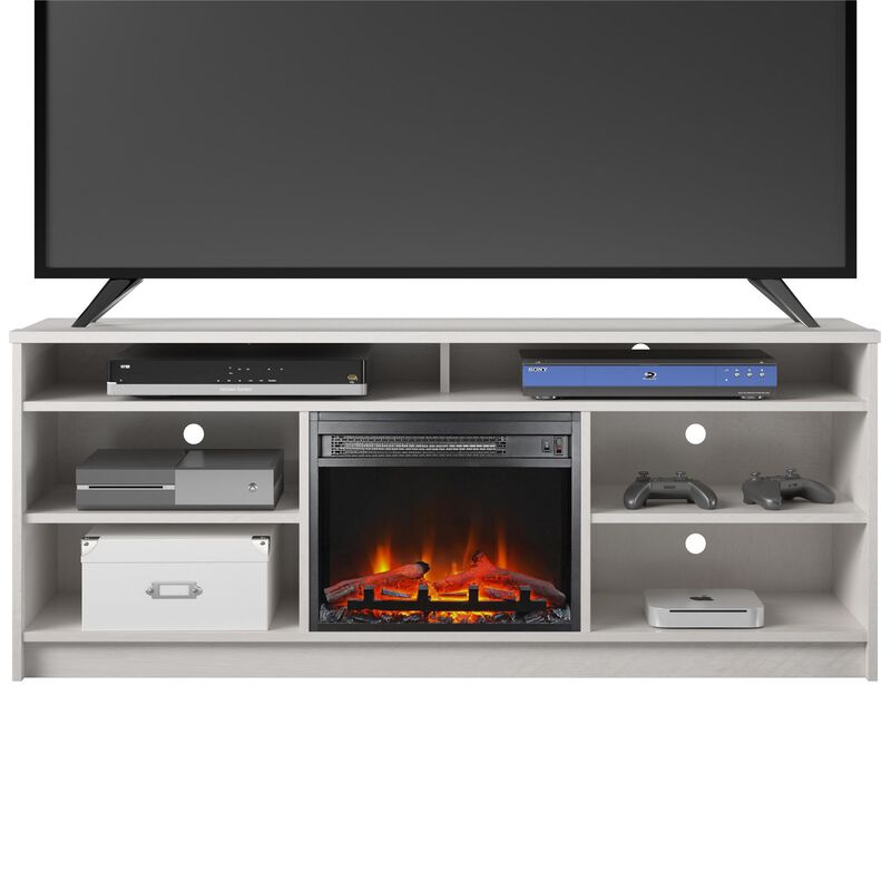 Hendrix 65" TV Stand with Electric Fireplace Insert and 6 Shelves, Ivory Oak