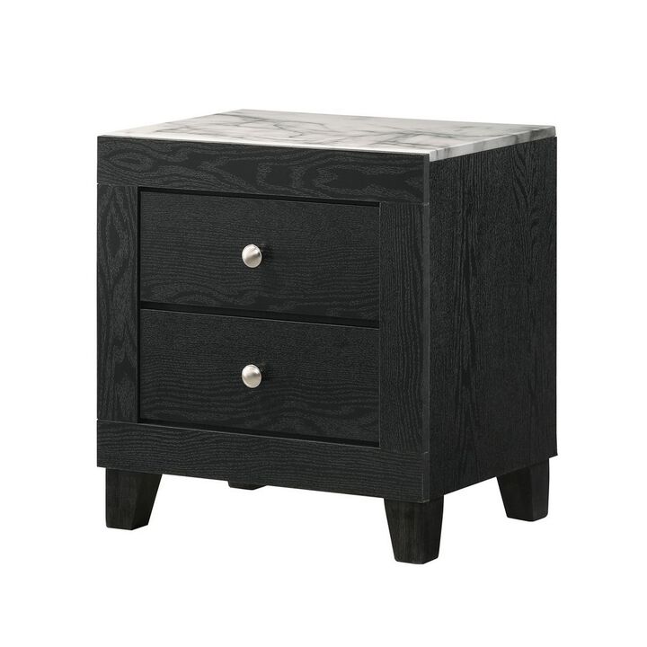 Yoh 23 Inch 2 Drawer Nightstand, White Marble Top, Metal Knobs, Black-Benzara