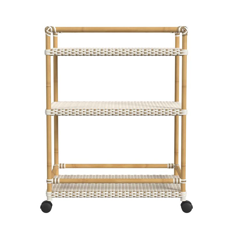 Butler Specialty Tobias Outdoor Rattan and Metal 3- Tier Rattan Bar Cart, Beige and White