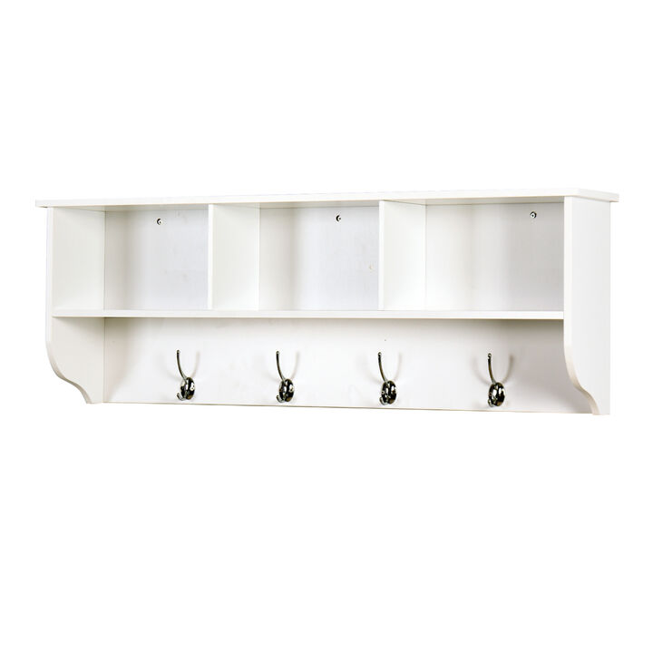 White Entryway Wall Mounted Coat Rack With 4 Dual Hooks Living Room Wooden Storage Shelf
