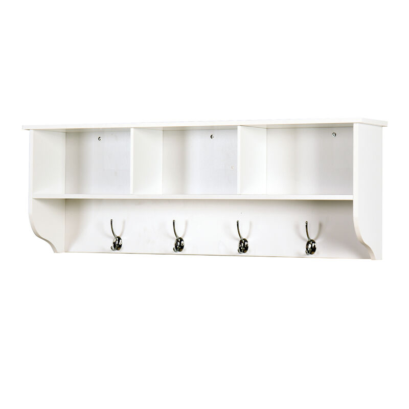 White Entryway Wall Mounted Coat Rack With 4 Dual Hooks Living Room Wooden Storage Shelf