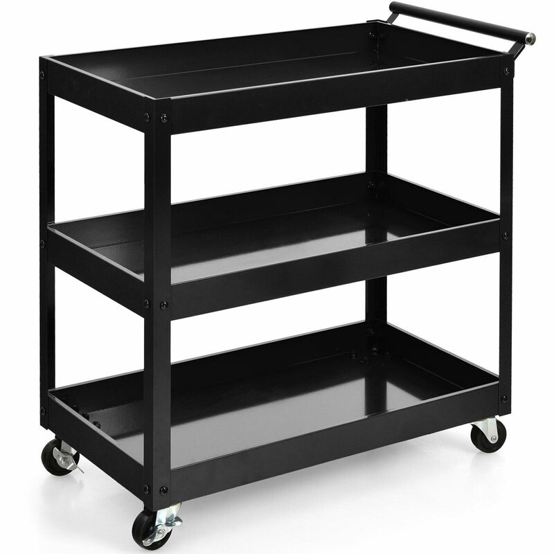 3-Tier Utility Cart Metal Mental Storage Service Trolley in Black