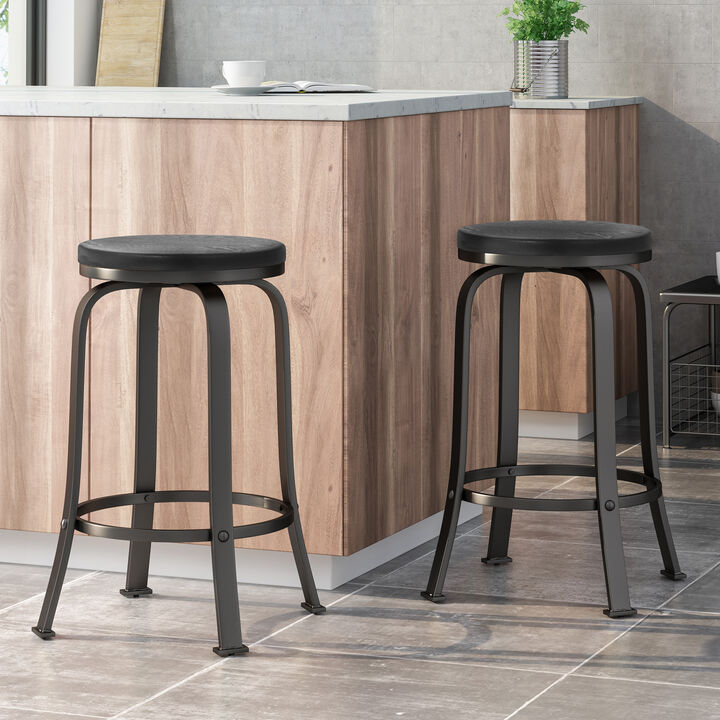 Modern Industrial Swivel Counter Stool with Faux Wood Seat
