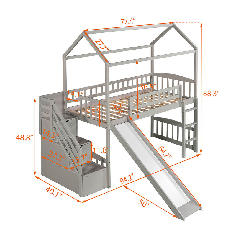 Merax House Loft Bed with 2 Drawers and Slide