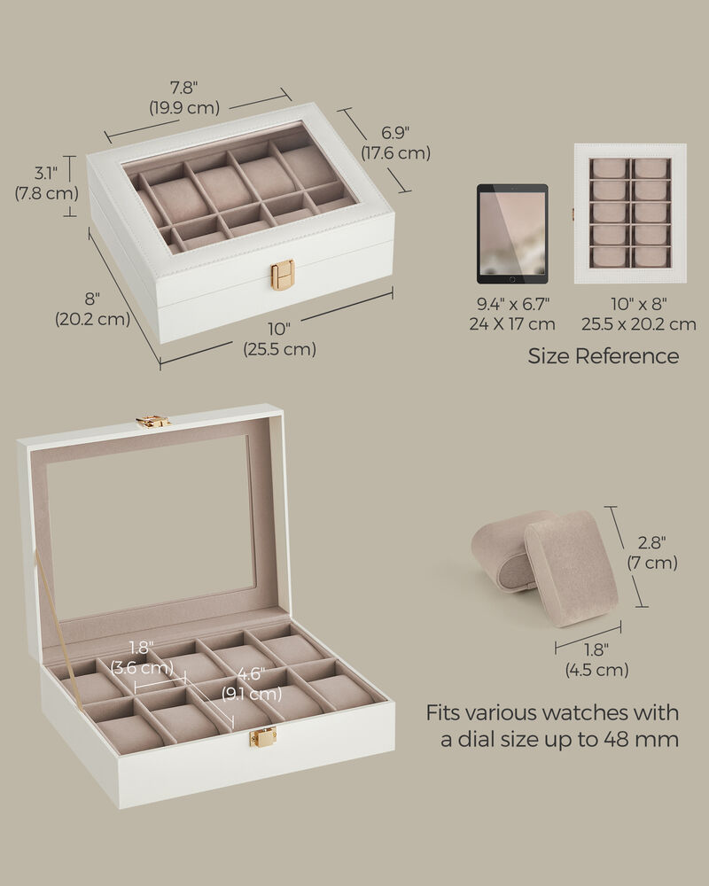 10-Slot Box with Glass Lid Jewelry Holder Case with Removable Pillow