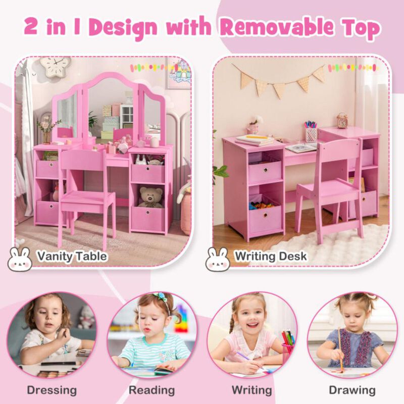 Hivvago Kids Vanity Table and Chair Set with Removable Mirrors and 4 Storage Bins