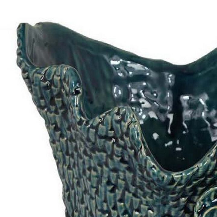 17 Inch Vase with Barnacle Design And Floral Details, Blue Ceramic Finish - Benzara