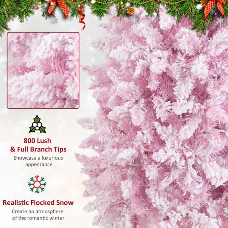 Hivvago 7 Feet Pre-Lit Snow Flocked Hinged Pencil Christmas Tree with 300 Lights and 8 Modes