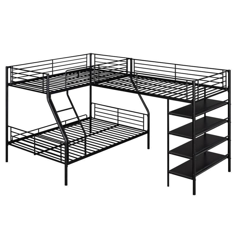 L-Shaped Twin over Full Bunk Bed for Kids with Twin Loft, Built-in Shelves, Full-Length Guardrail, Ladder, Black