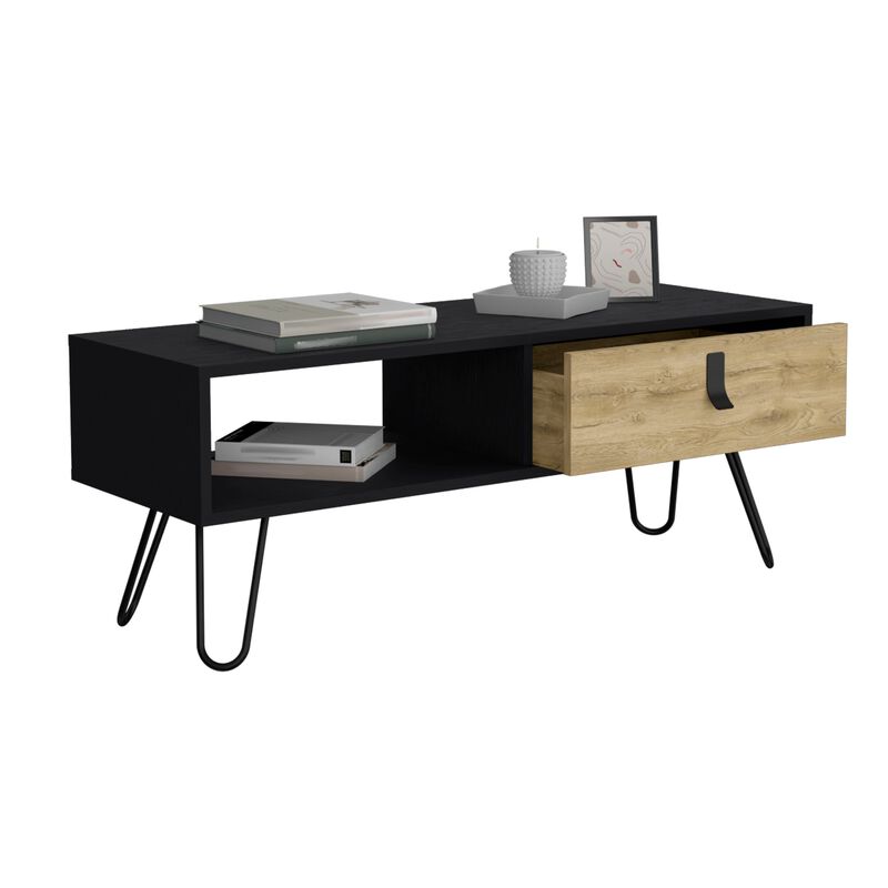 Huna Coffee Table with Hairpin Legs and Ample Storage Drawer-Black / Macadamia