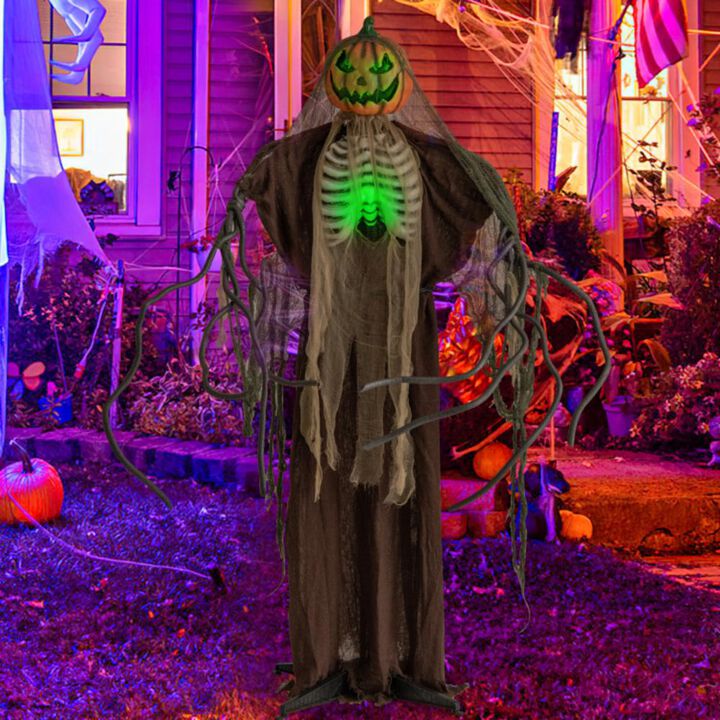 Hivvago 6 Feet Halloween Animatronics Light Up Talking Ghost Pumpkin with Glowing Ribs and Moving Head