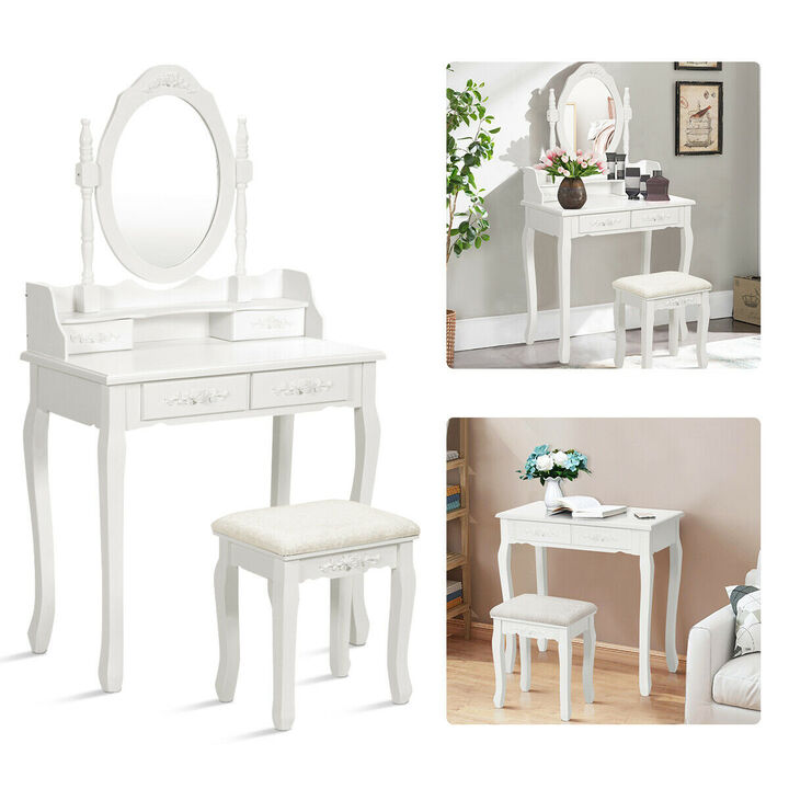 Wood Vanity Table Set with Oval Mirror and 4 Drawers for Kids Girls Women