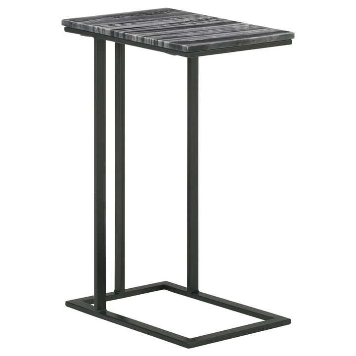 Enu 25 Inch Accent C Table, Marble Top, Black Metal Cantilever Base, Gray  - Benzara
