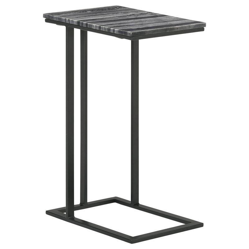 Enu 25 Inch Accent C Table, Marble Top, Black Metal Cantilever Base, Gray  - Benzara