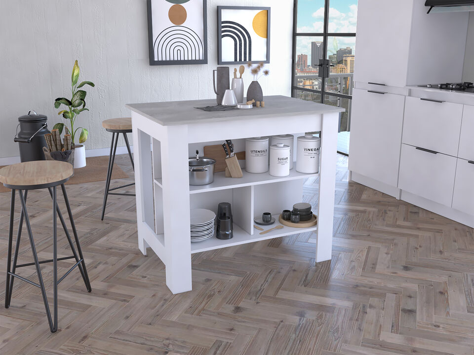 Streamdale Cala Kitchen Island, Four Legs, Three Shelves - White Ibiza Marble