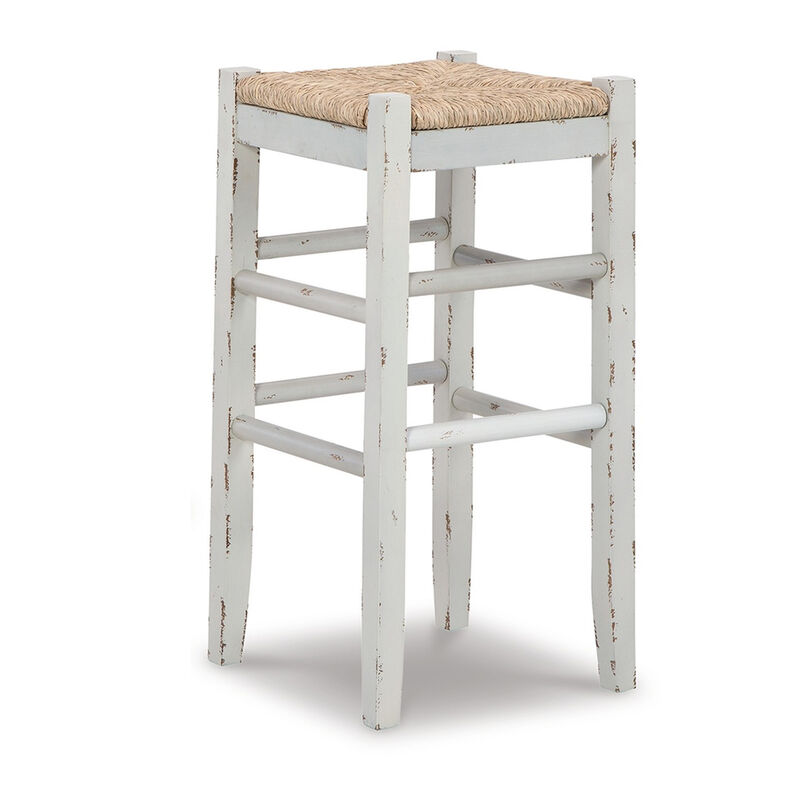 Anya Bar Height Stool Set of 2, Brown Woven Seat, 30 Inch Rustic White - Benzara