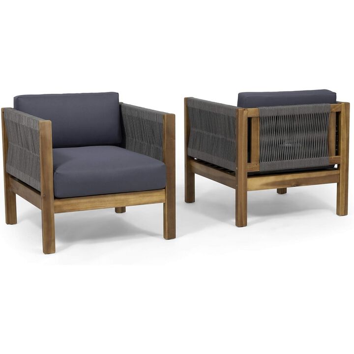 Outdoor Accent Chair Set of 2, Rope Weaving, Teak Brown Acacia Wood - Benzara