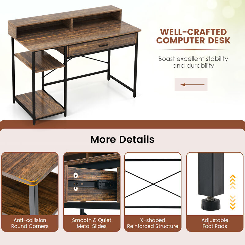 48 Inch Computer Desk with Monitor Stand Drawer and Shelves-Rustic Brown