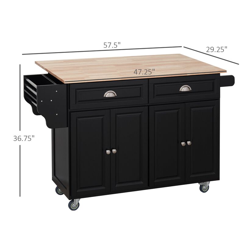 Black Culinary Aid: Rolling Kitchen Island with Wood Top & Storage