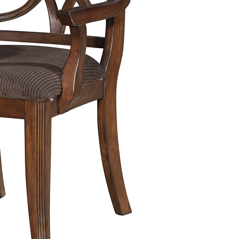 Wooden Arm Chair with Fabric Padded Seat and Lattice Design Backrest, Brown, Set of Two-Benzara