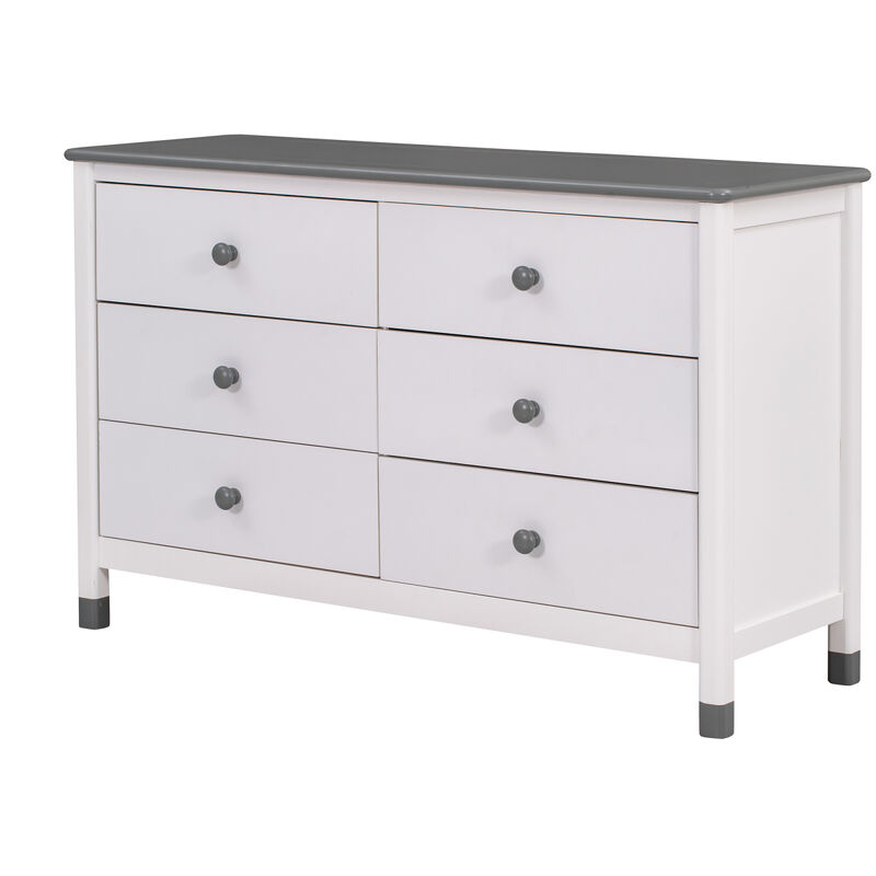 Wooden Storage Dresser With 6 Drawers, Storage Cabinet For Kids Bedroom, White+Gray