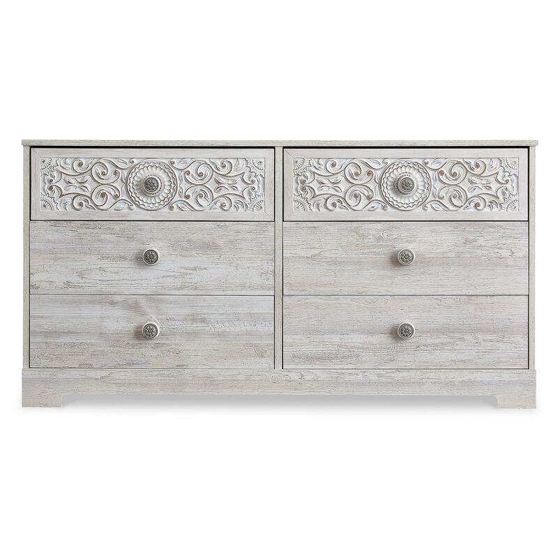 59 Inch Dresser, 6 Drawers, Medallion Design Front, Whitewashed MDF Frame-Benzara