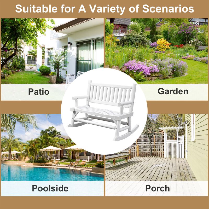 White Outdoor Rocker: 2-Person Wooden Loveseat with Curved Seats
