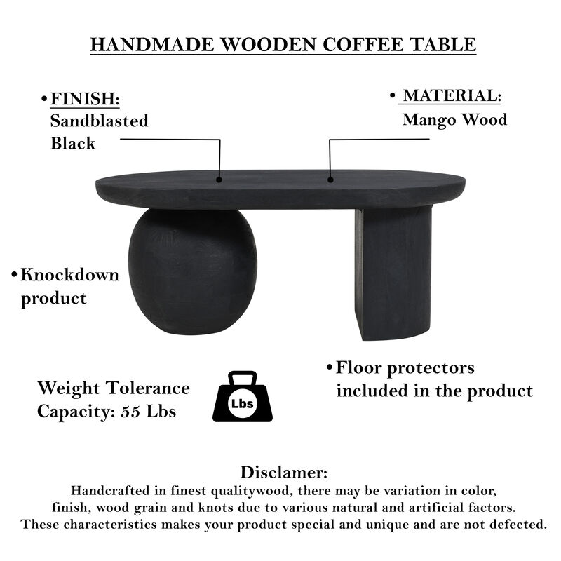 Uri 38 Inch Oval Coffee Table, Mango Wood Full and Half Spherical Leg, Sandblasted Black