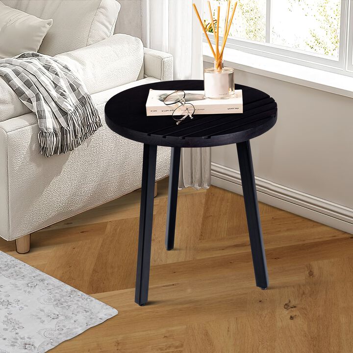 18 Inch Round Mango Wood Side End Table, Grooved Design, Metal Legs, Black-Benzara