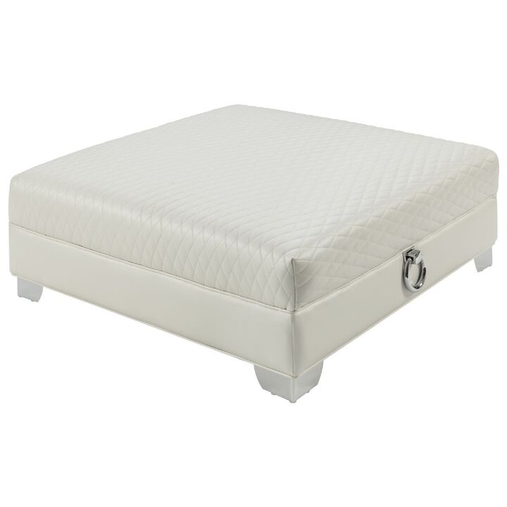 Contemporary Faux Leather & Metal Ottoman With Doorknocker Handles, Silver-Benzara
