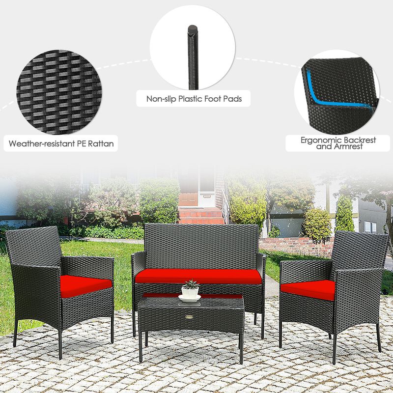 4 Pieces Patio Rattan Cushioned Sofa Set with Tempered Glass Coffee Table-Red