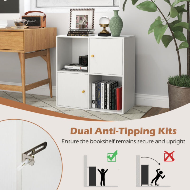 4-Cube Bookcase 3-Tier Bookshelf with Dual Anti-Tipping Kits and 2 Cabinets