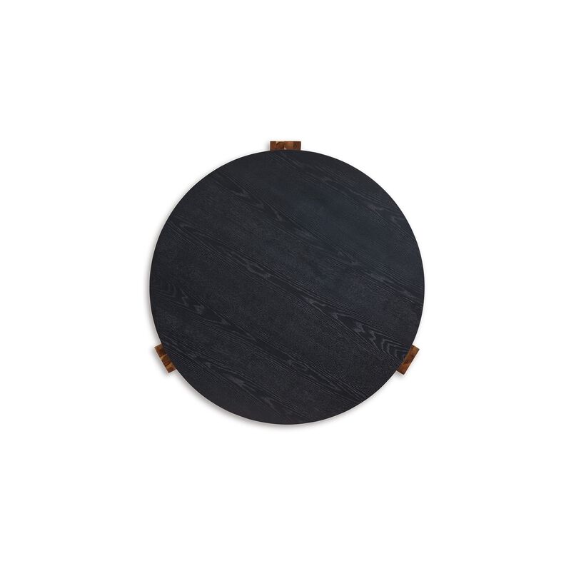 Moy 2pc Coffee and End Table Set, Round Black Textured Top, Solid Wood - Benzara