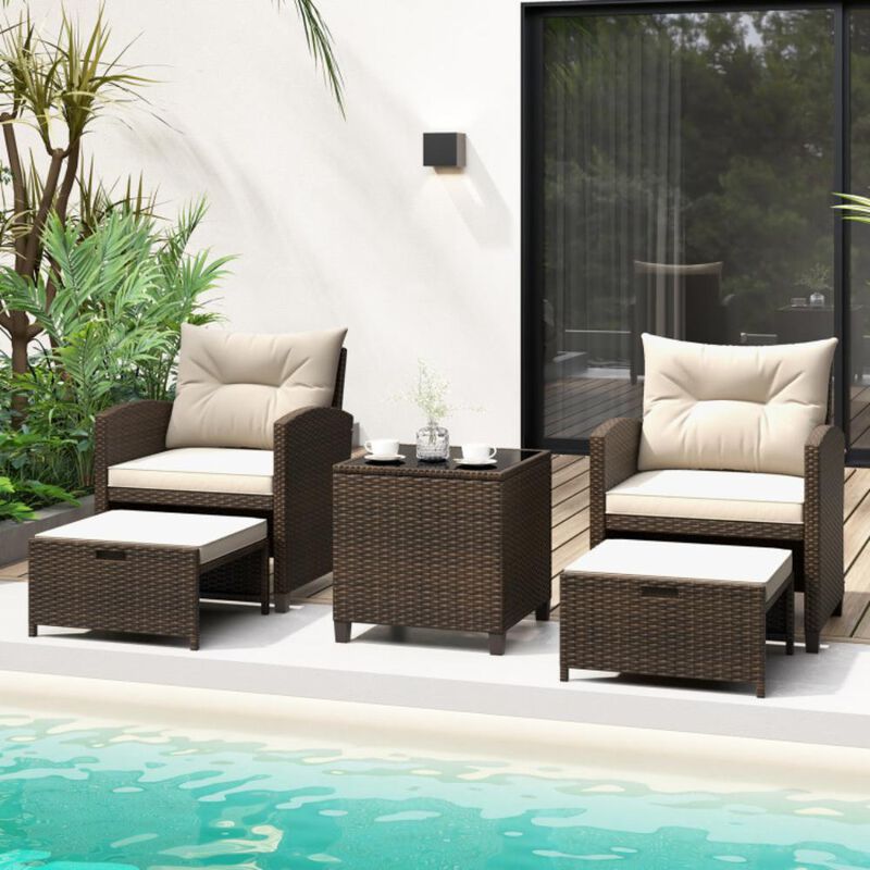 Hivvago 5 Pieces Patio Rattan Furniture with 2 Ottomans and Tempered Glass Coffee Table