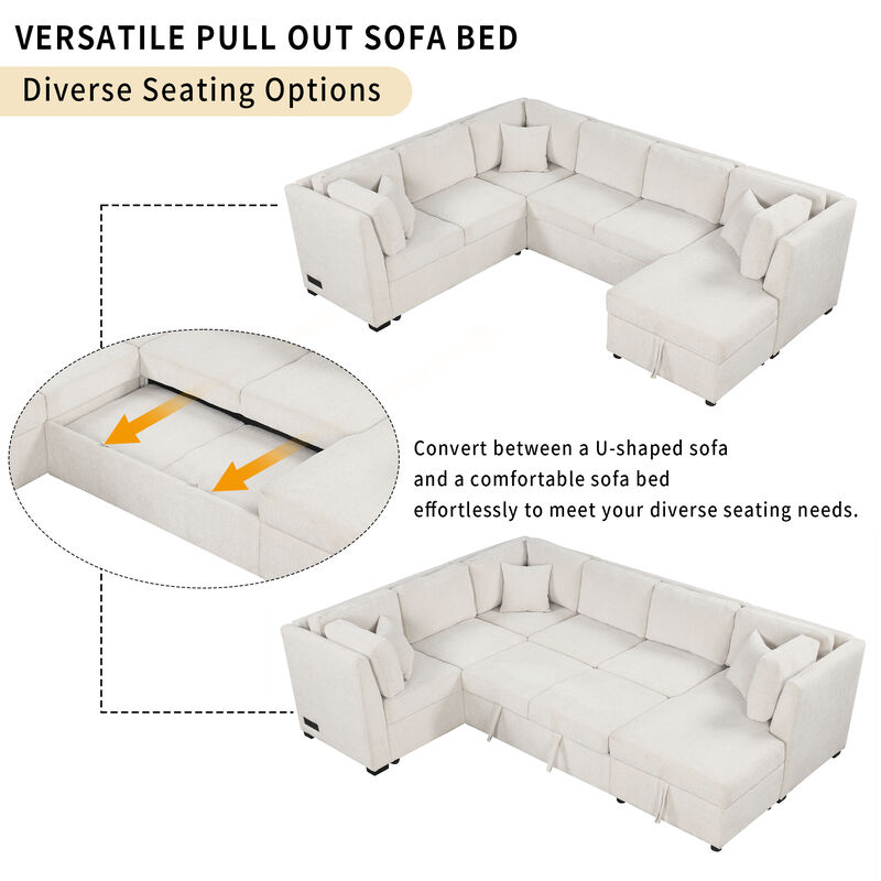 Merax U-shaped Sectional Sofa Pull Out Sofa Bed with 2 USB Ports