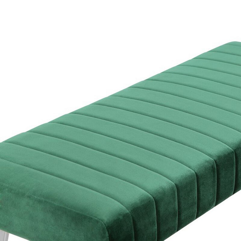 Lida 45 Inch Bench, Modern Tufted Lines, Green Soft Velvet, Chrome Metal - Benzara
