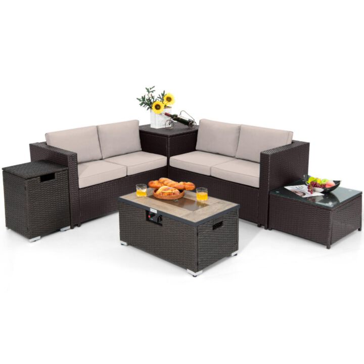 Hivvago 6 Pieces Outdoor Wicker Furniture Set with 32 Inch Propane Fire Pit Table