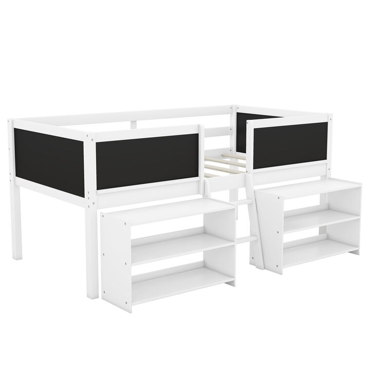 Loft bed with shelves, ladder, guardrail chalkboard