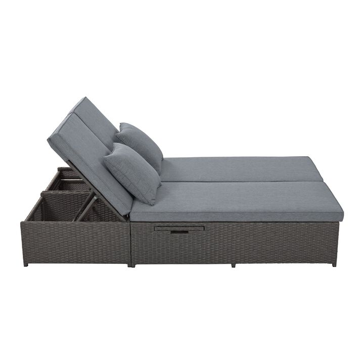 MONDAWE Outdoor Double Sunbed, Wicker Rattan Patio Reclining Chairs with Adjustable Backrest and Seat, Conversational Set