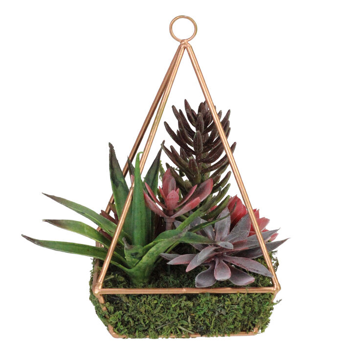 9" Artificial Succulents Arrangement in 4-Sided Copper Metal Wire Frame