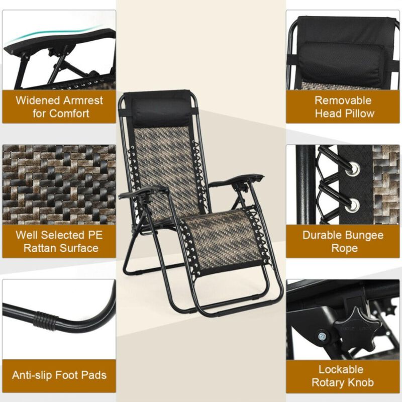 Hivvago Folding Rattan Zero Gravity Lounge Chair with Removable Head Pillow