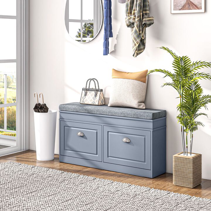 Gray Entryway Shoe Bench: 2 Drawers, Cushion, 8-Pair Capacity