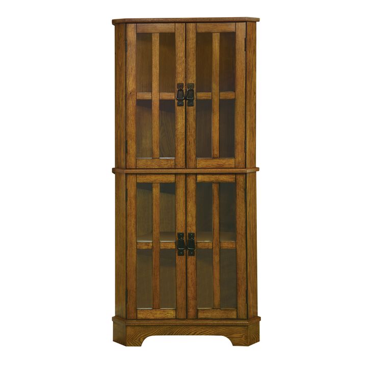 Corner Curio Cabinet With Windowpane Style Door Fronts, Brown-Benzara
