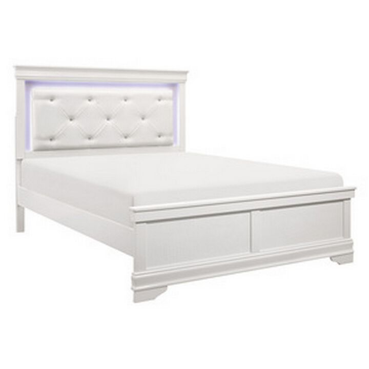 Teich Queen Bed, LED, Crystal Tufted Faux Leather Upholstery, White Wood - Benzara Teich Queen Bed, LED, Crystal Tufted Faux Leather Upholstery, White Wood - Benzara