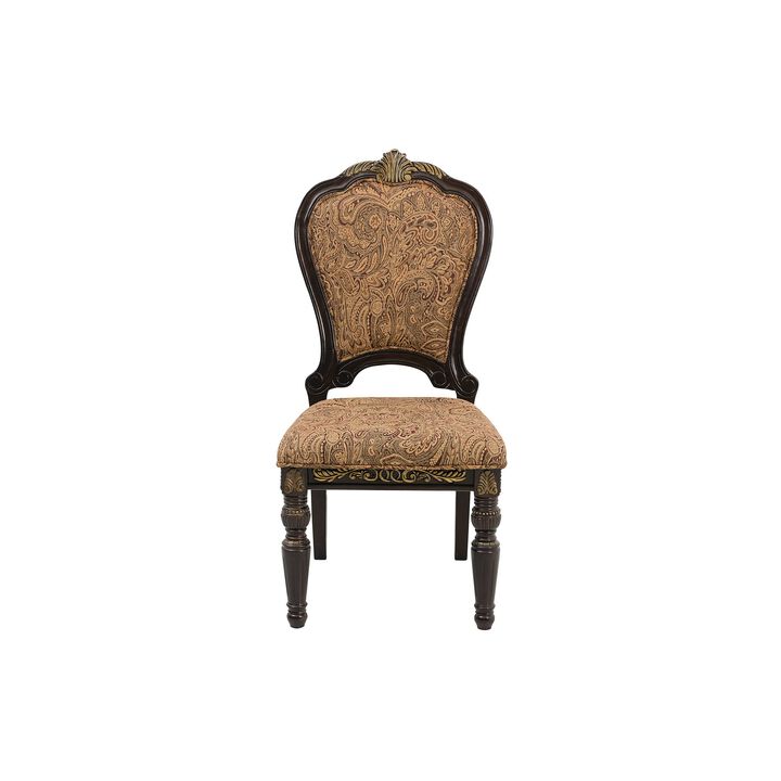 Wooden Tuscan Style Side Chair With Fabric Upholstery, Set of 2, Cherry Brown-Benzara